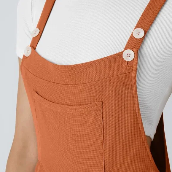 Halara Adjustable Strap Button Front Waffle Casual Overalls in Apricot Orange XS - Picture 3 of 11
